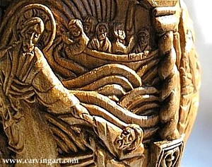 Detail of the "Miracles" egg; heads of the Disciples in the boat are about 2 mm (0.079 of an inch) long.